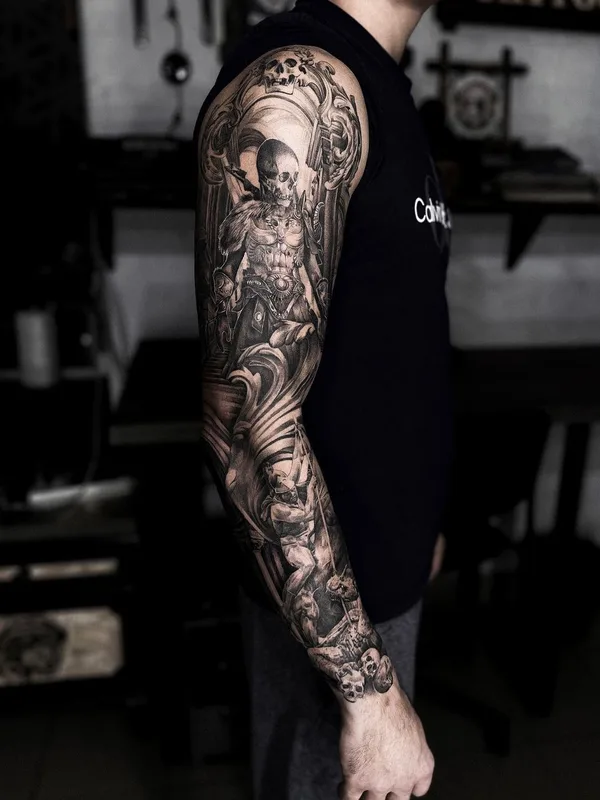 male black and grey realism татуировка на full sleeve #61172 | Тату мастер Evgenia Kataewa