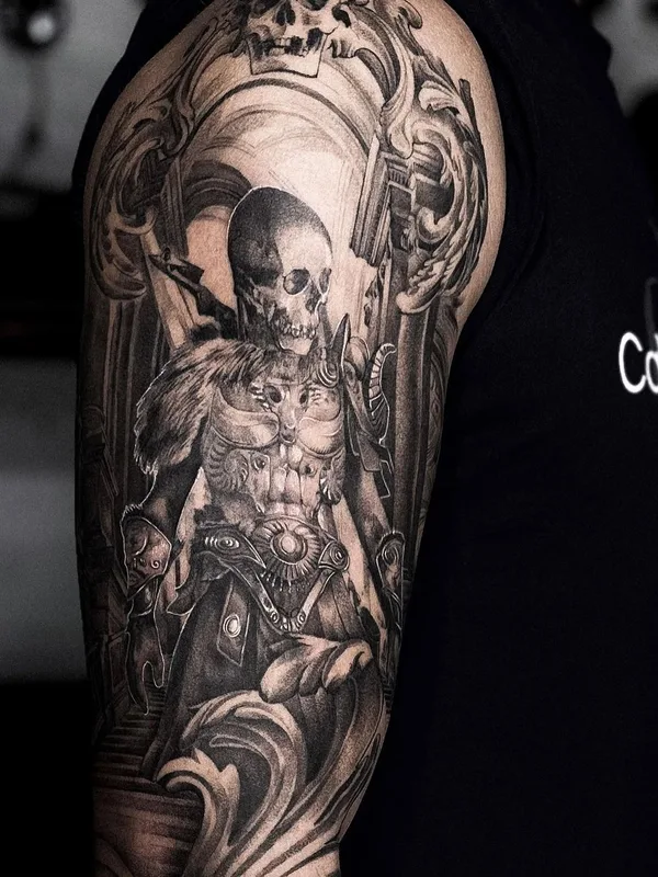 black and grey realism татуировка на upper arm #61173 | Тату мастер Evgenia Kataewa