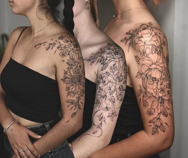 Fineline Flowers, Leaves tattoo on Shoulder