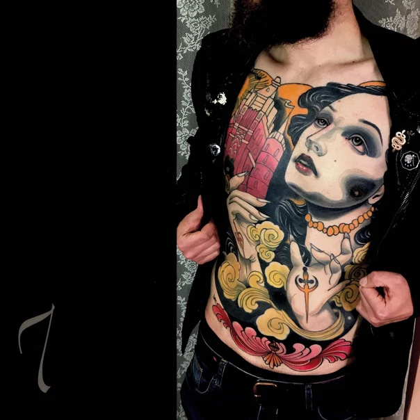 Neo Traditional Woman, Hands tattoo on Chest