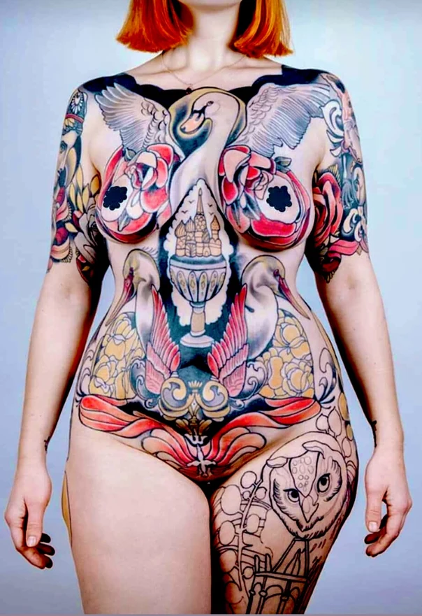 Neo Traditional Swan, Owl tattoo on Full body