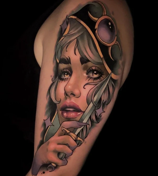 Neo Traditional Portrait, Dagger tattoo on Upper Arm
