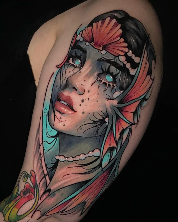 Illustrative Mermaid, Portrait tattoo on Upper Arm