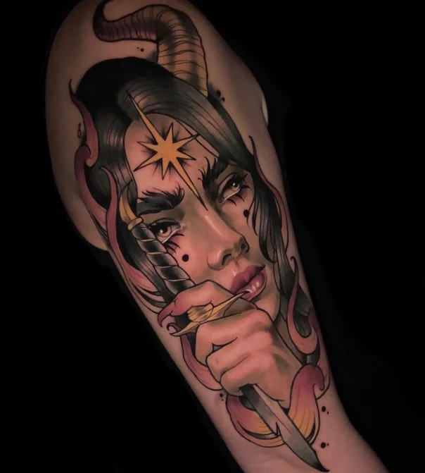 Neo Traditional Portrait, Demon tattoo on Upper Arm