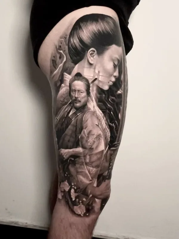 black and grey realism татуировка на thigh #61336 | Тату мастер Slobodan Pepic
