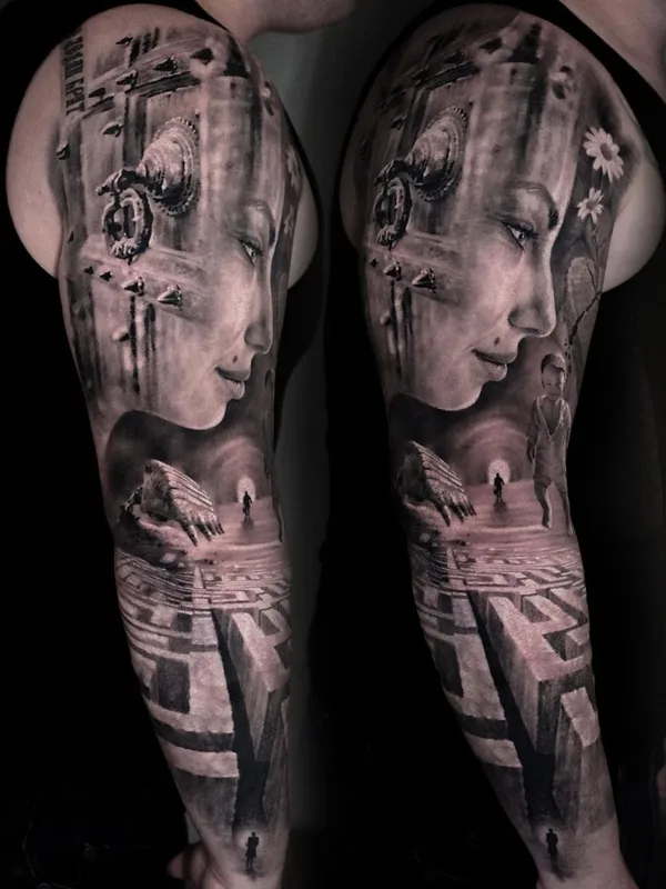 black and grey realism татуировка на full sleeve #61332 | Тату мастер Slobodan Pepic