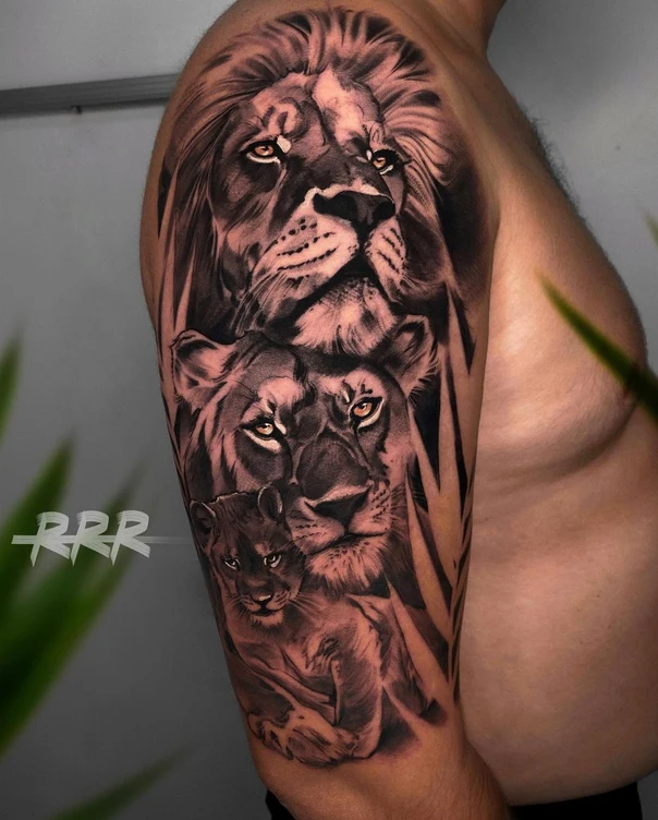 Realism Lion, Family tattoo on Full Sleeve