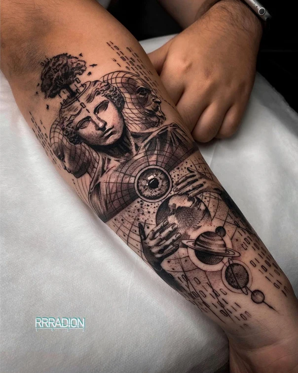 Black & Grey Statue, Eye tattoo on Forearm