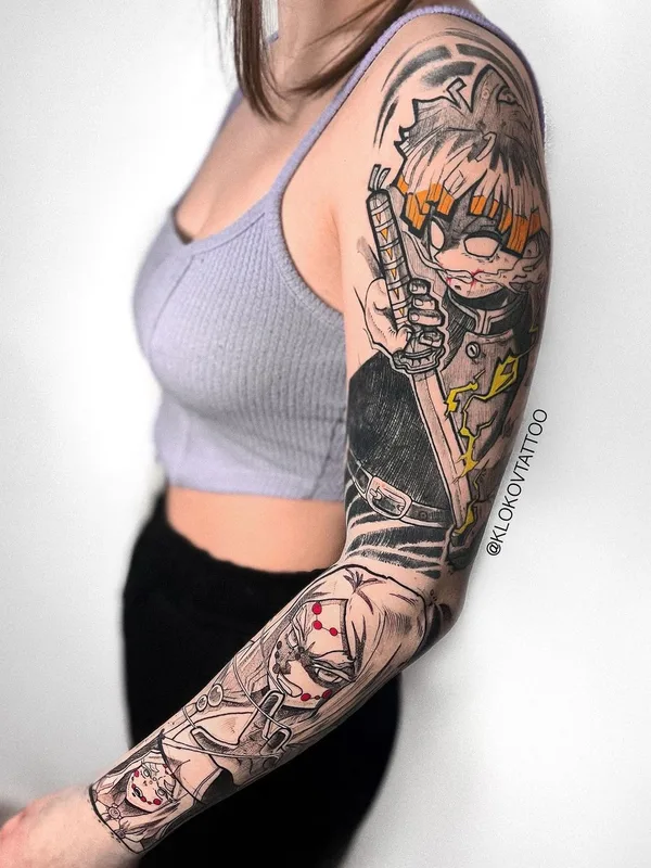 female black and grey anime 纹身 在 full sleeve #61591 | 纹身师 klokovtattoo