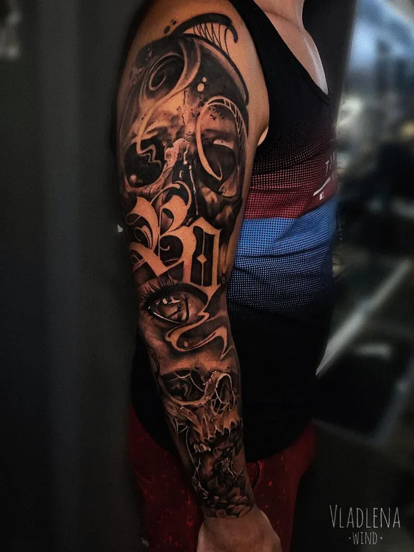 black and grey black and grey 纹身 在 full sleeve #61609 | 纹身师 Vladlena Wind