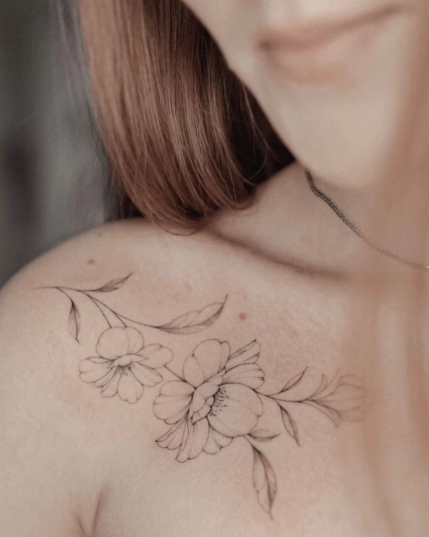 Fineline Flower, Leaves tattoo on Collarbone