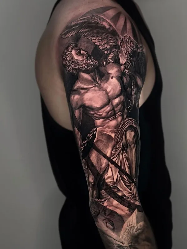 male black and grey realism tattoo auf full sleeve #62668 | Tätowierer Виктория Левенец