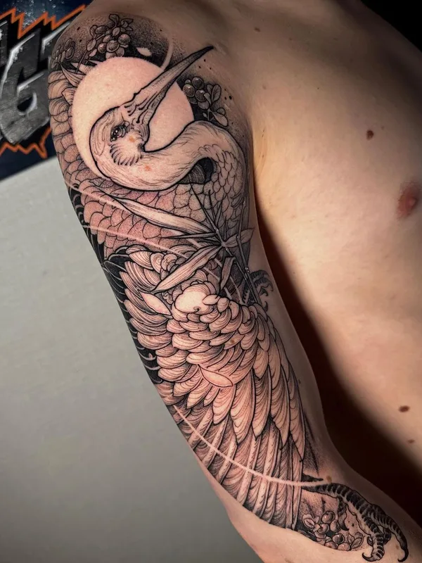 male black and grey japanese tattoo auf full sleeve #62723 | Tätowierer Даурен Усенов