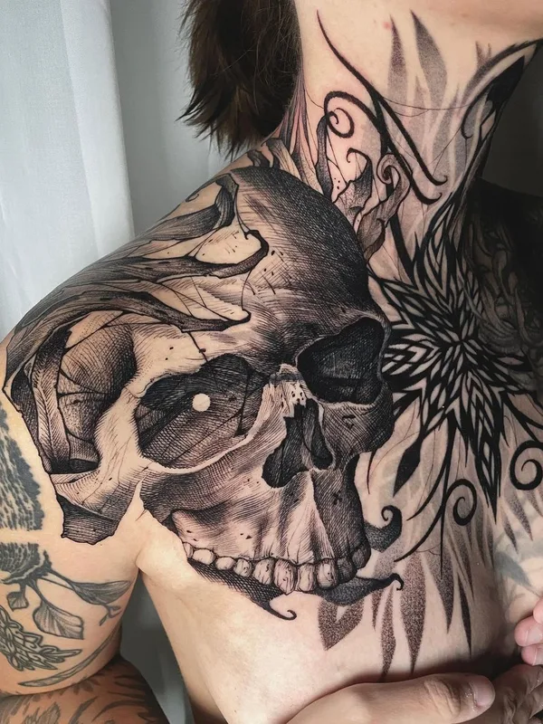black and grey blackwork tattoo auf chest #62720 | Tätowierer Даурен Усенов