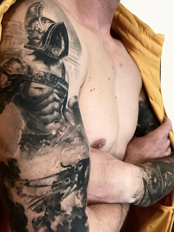 male black and grey realism tattoo auf full sleeve #62766 | Tätowierer Alexander Yanitskiy