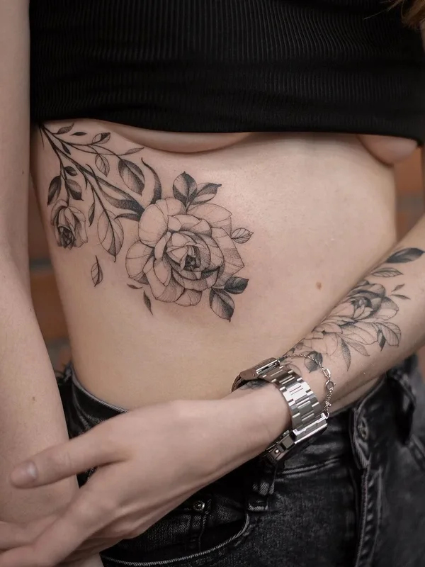 female black and grey fineline татуировка на ribcage #62770 | Тату мастер sveta_blackbird