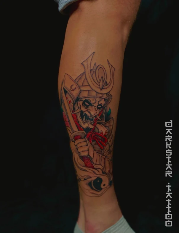 Japanese Samurai, Yin yang tattoo on Calf