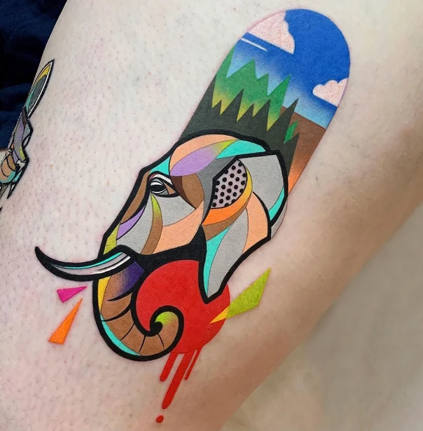 Geometric Elephant, Landscape tattoo on Thigh