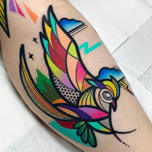 Geometric Bird, Geometric tattoo on Calf