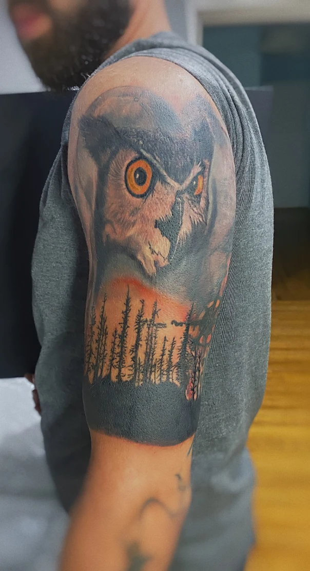Realism Owl, Forest tattoo on Upper Arm
