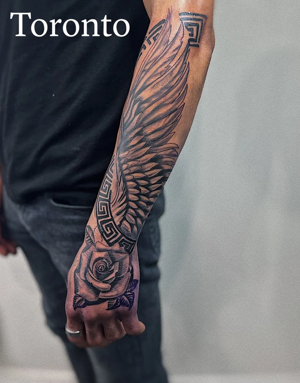 Black & Grey Wings, Rose tattoo on Full Sleeve