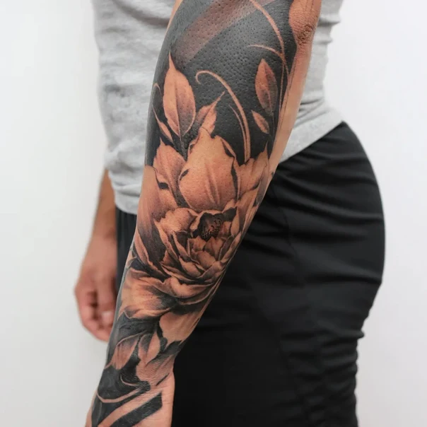 Black & Grey Flower, Leaves tattoo on Forearm
