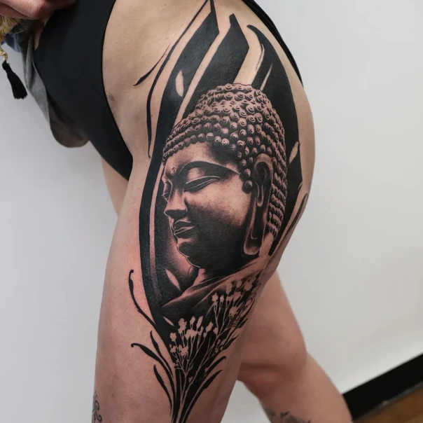 Black & Grey Buddha, Botanic tattoo on Thigh