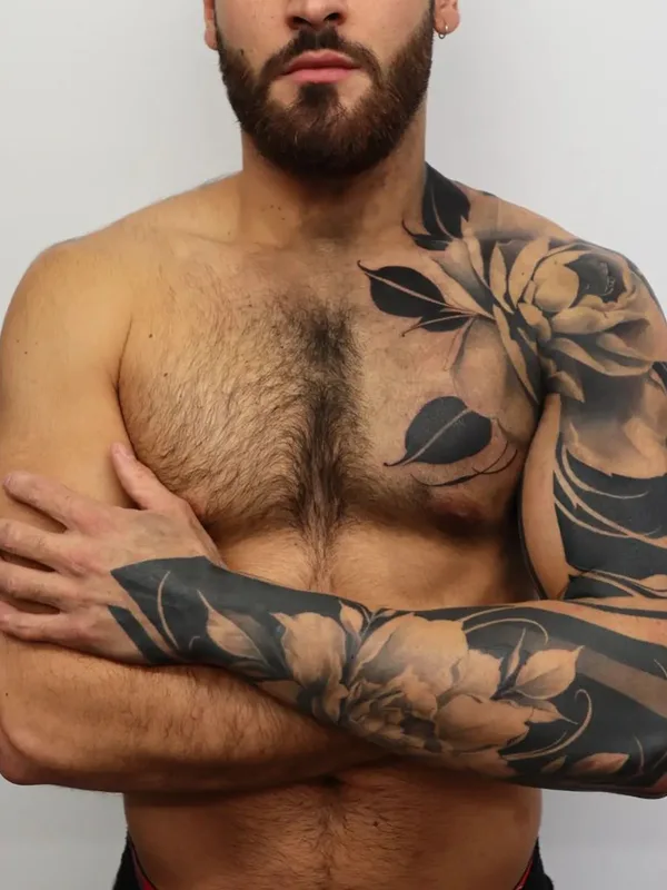 male black and grey black and grey 纹身 在 full sleeve #63043 | 纹身师 Jordan Corneil