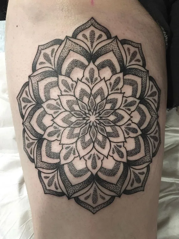 black and grey mandala tattoo on thigh #63100 | Tattoo Artist Jon James Case