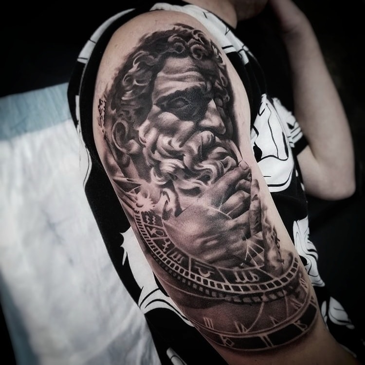 Dynamo Tattoos - Greek warrior piece #tatt#tattoo#artist#tattooartist#greek# greektattoo#warriortattoo#blackandgrey#blackandgreytattoo#sleeve#art#ink#realism  @studio1sthelens | Facebook
