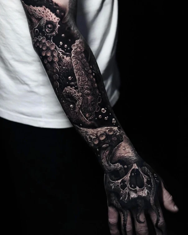 Black & Grey Octopus, Skull tattoo on Full Sleeve