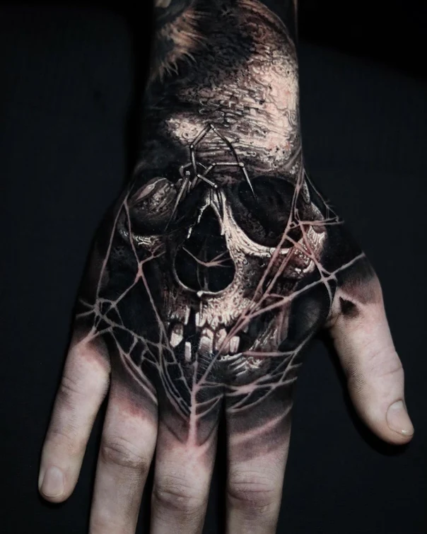 Black & Grey Skull, Spiderweb tattoo on Back of Hand