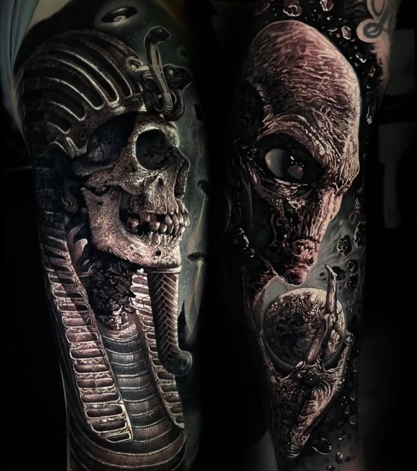 Realism Skull, Alien tattoo on Full Sleeve