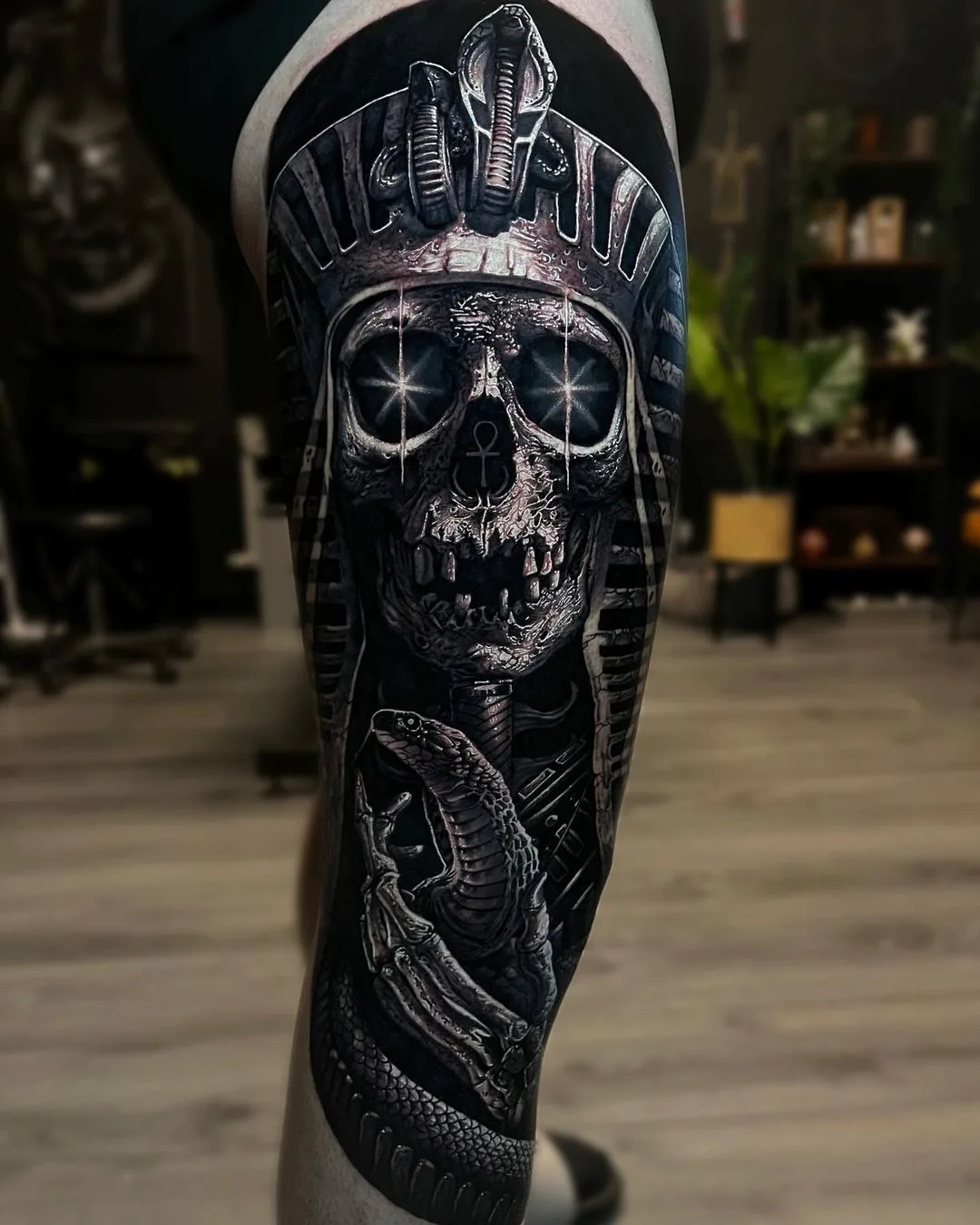 A detailed black and grey tattoo depicting a skull wearing an Egyptian headdress, with a snake coiled around a skeletal hand below.