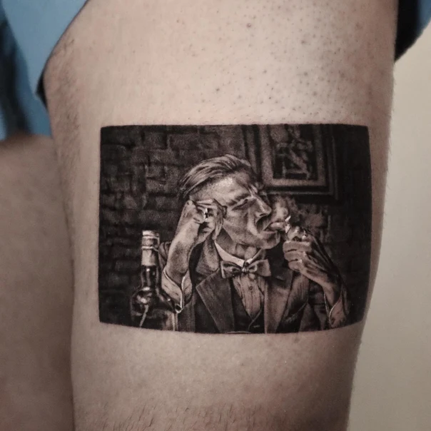 Black & Grey Portrait, Man tattoo on Thigh