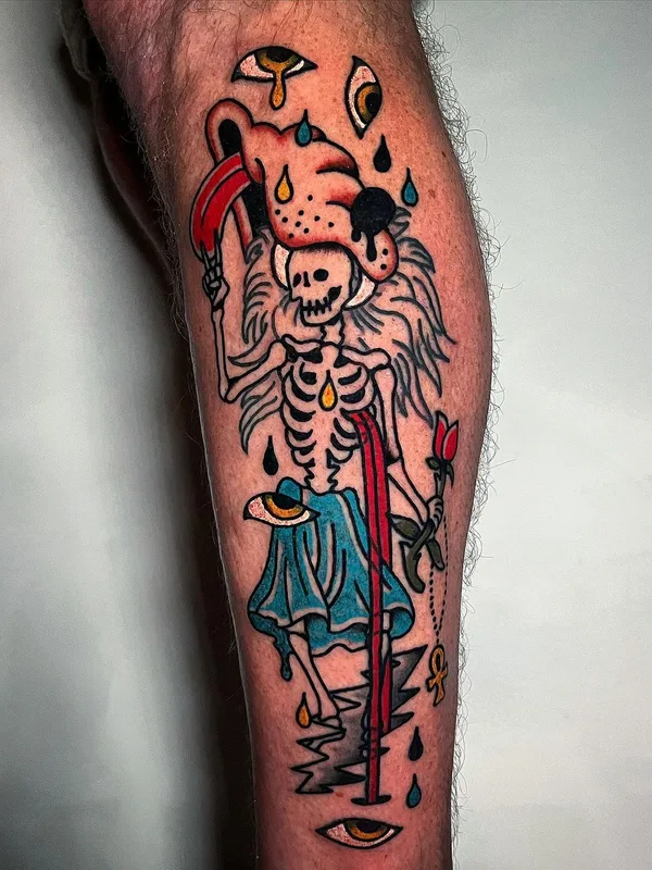 color traditional tattoo auf calf #63208 | Tätowierer Christopher Scott