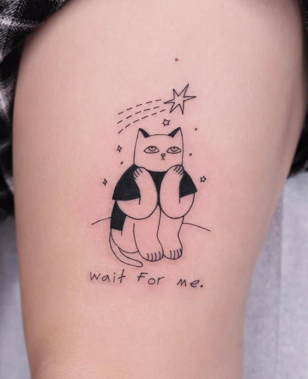 Linework Cat, Star tattoo on Thigh