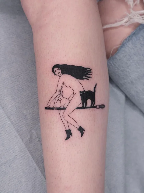 female black linework татуировка на calf #63223 | Тату мастер Katya Krasnova