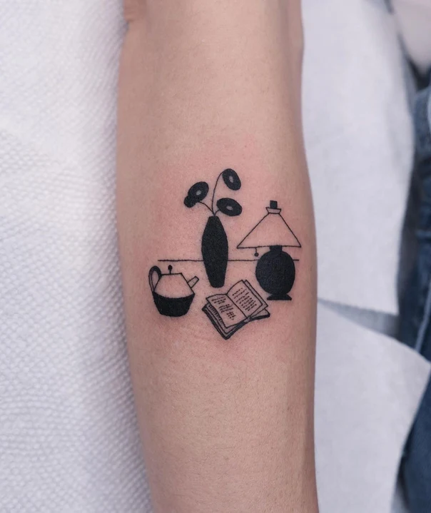 Linework Still life, Book tattoo on Forearm