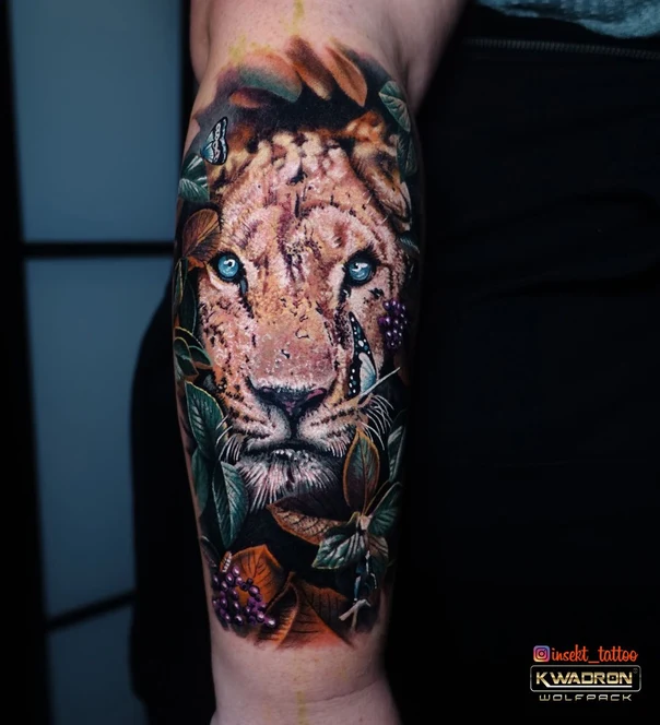 Realism Lion, Butterfly tattoo on Forearm