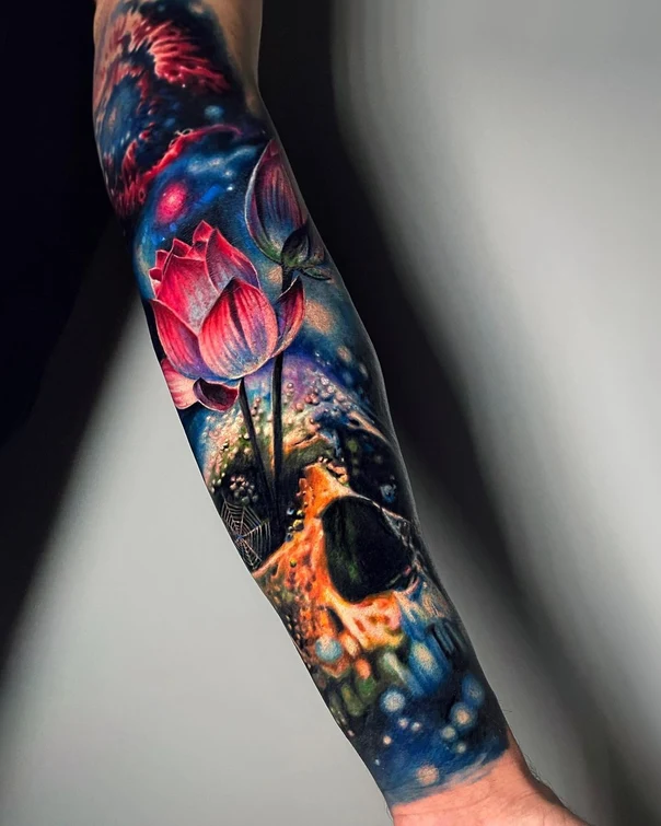 Realism Lotus, Skull tattoo on Full Sleeve