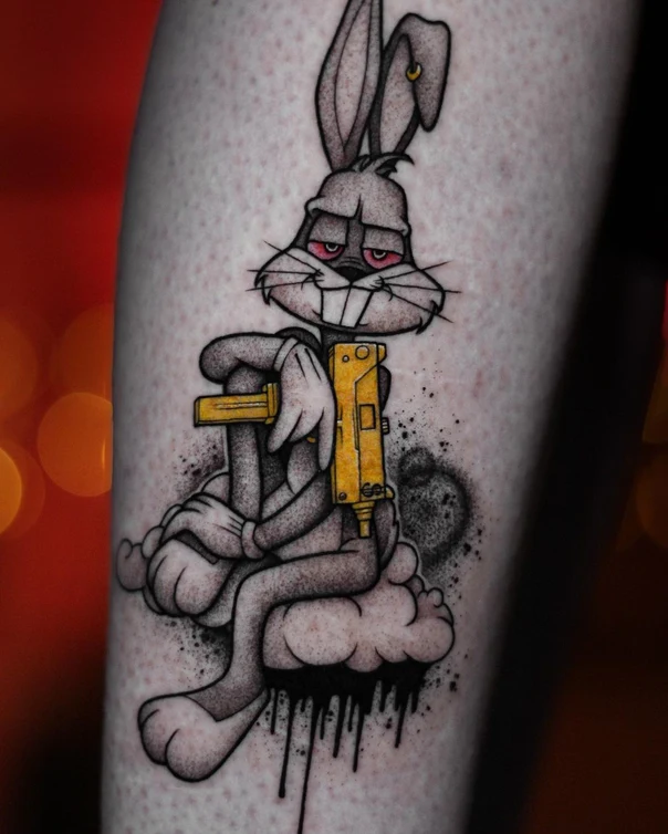 Cartoon Bugs bunny, Gun tattoo on Calf