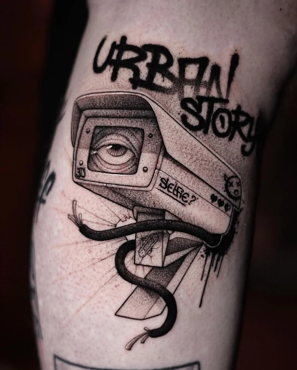 Blackwork Eye, Camera tattoo on Calf