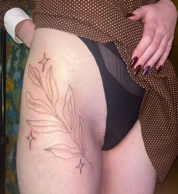 Linework Leaf, Stars tattoo on Thigh