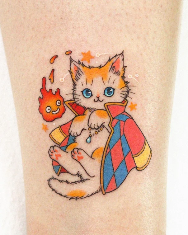 Illustrative Cat, Fire tattoo on Calf