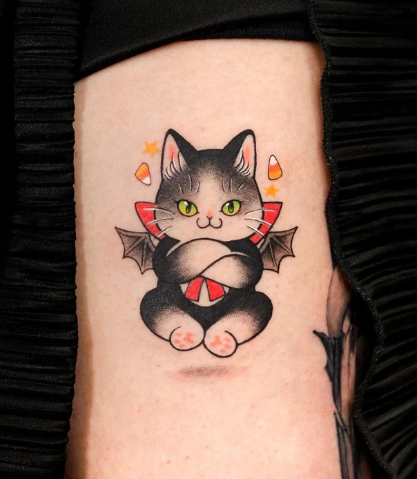 Neo Traditional Cat, Halloween tattoo on Side