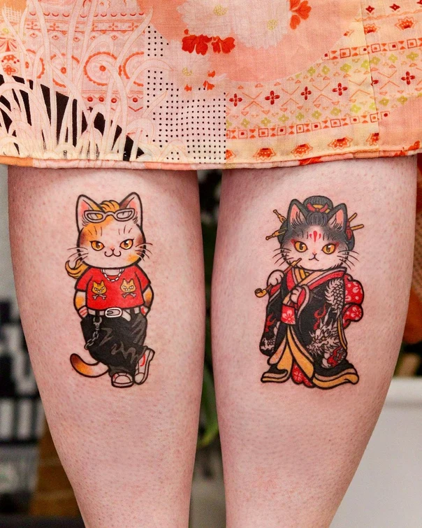 Illustrative Cat, Geisha tattoo on Calf
