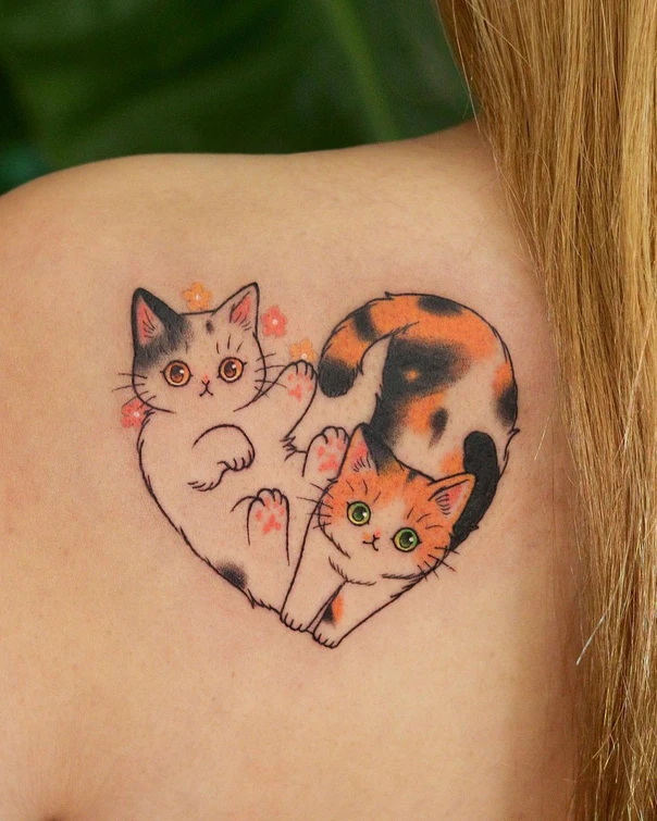 Cartoon Cat, Heart tattoo on Shoulder Blade