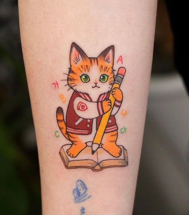 Cartoon Cat, Pencil tattoo on Forearm