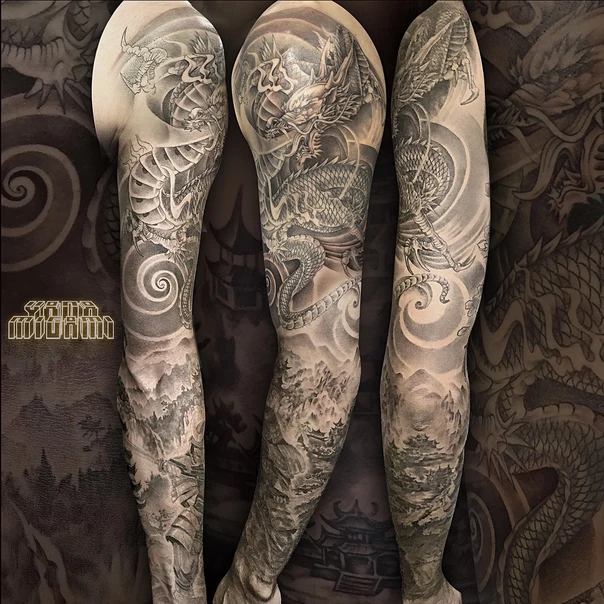 Японская Dragon, Landscape tattoo на Полный рукав